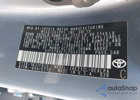 2020 Toyota Corolla Le z USA, uszkodzony, nr VIN 5YFEPRAE7LP043356